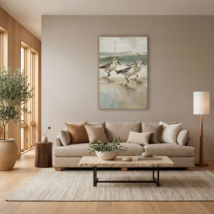 Running Sandpipers Coastal Shoreline Scene wall art in a bright coastal-style room – three sandpipers running across