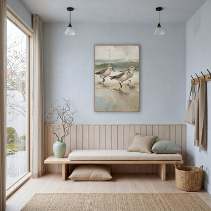 Running Sandpipers Coastal Shoreline Scene wall art in a bright coastal-style room – three sandpipers running across
