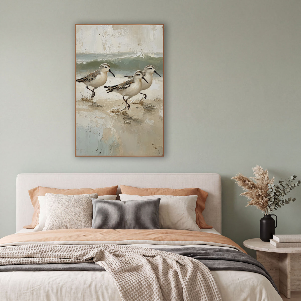 Running Sandpipers Coastal Shoreline Scene wall art in a bright coastal-style room – three sandpipers running across