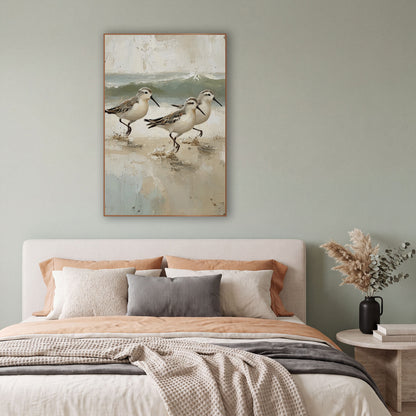 Running Sandpipers Coastal Shoreline Scene wall art in a bright coastal-style room – three sandpipers running across
