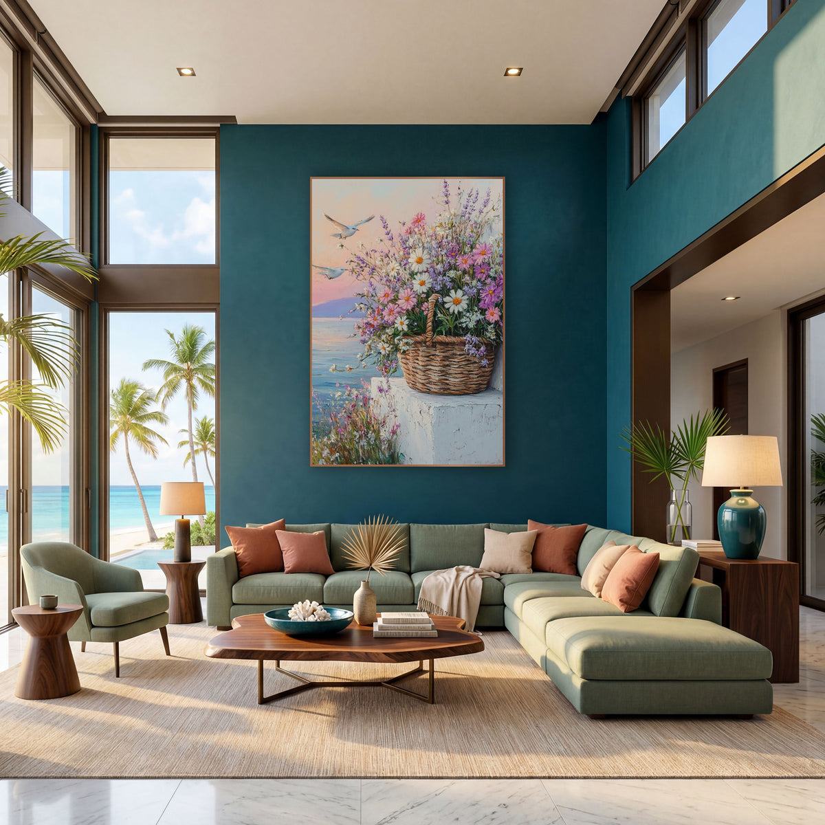 Gulls Over Wildflower Basket Coastal wall art in a bright coastal-style room – woven basket of white daisies, pink