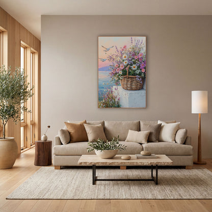 Gulls Over Wildflower Basket Coastal wall art in a bright coastal-style room – woven basket of white daisies, pink