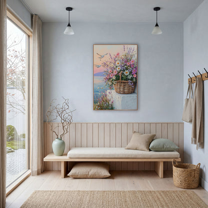Gulls Over Wildflower Basket Coastal wall art in a bright coastal-style room – woven basket of white daisies, pink