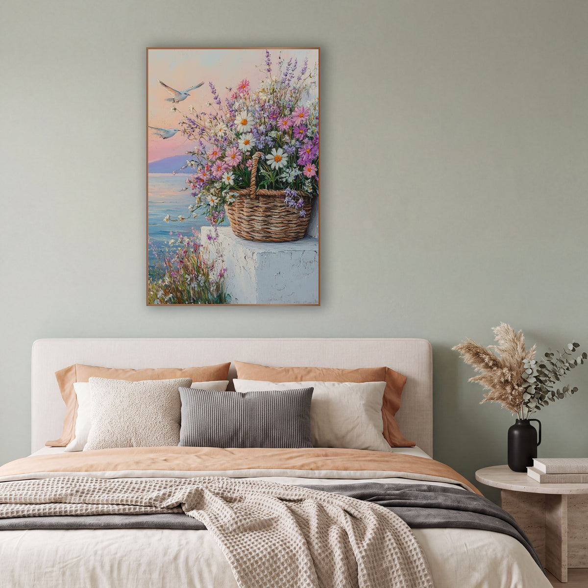 Gulls Over Wildflower Basket Coastal wall art in a bright coastal-style room – woven basket of white daisies, pink