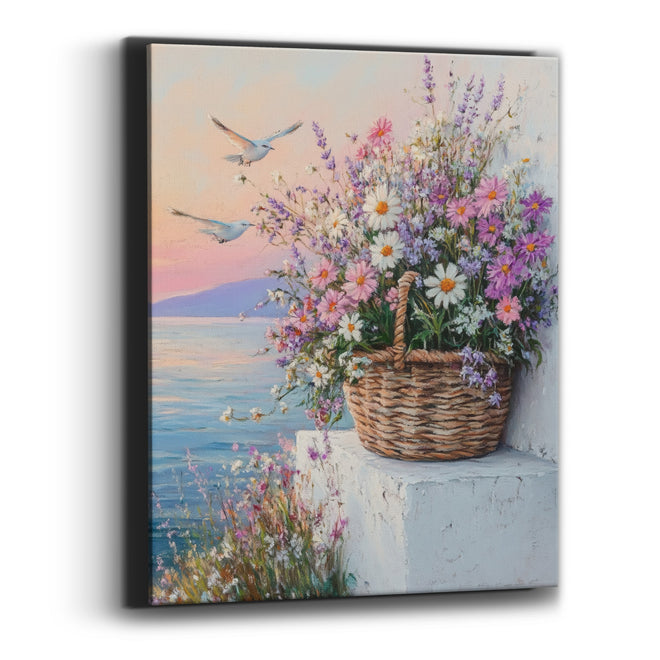 Gulls Over Wildflower Basket Coastal Canvas Wall Art