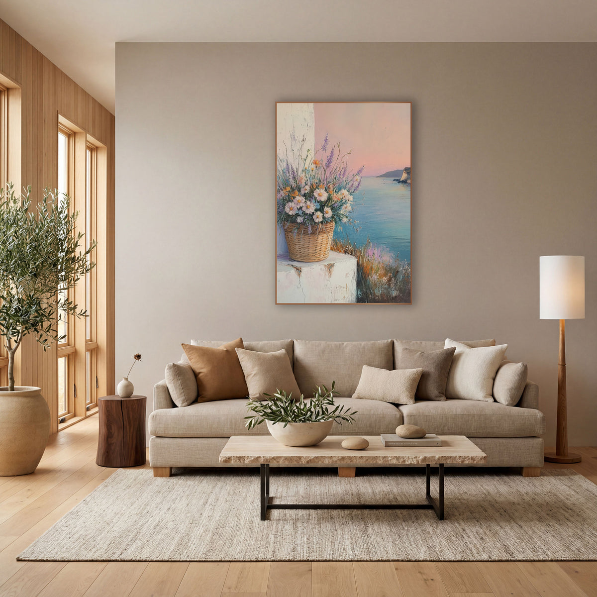 Seaside Daisy Basket Coastal Floral wall art in a bright coastal-style room – basket of white daisies and lavender