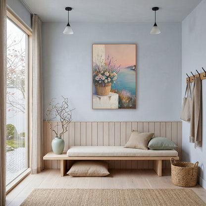 Seaside Daisy Basket Coastal Floral wall art in a bright coastal-style room – basket of white daisies and lavender