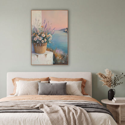 Seaside Daisy Basket Coastal Floral wall art in a bright coastal-style room – basket of white daisies and lavender