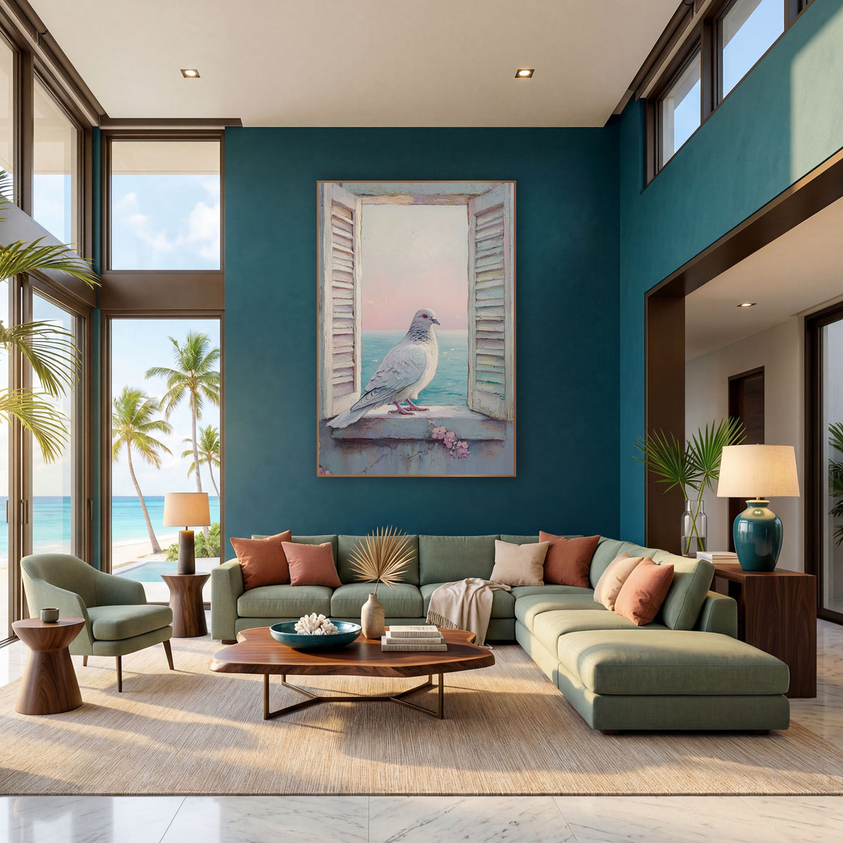 White Dove Seaside Window Coastal wall art in a bright coastal-style room – white dove on a stone window ledge between