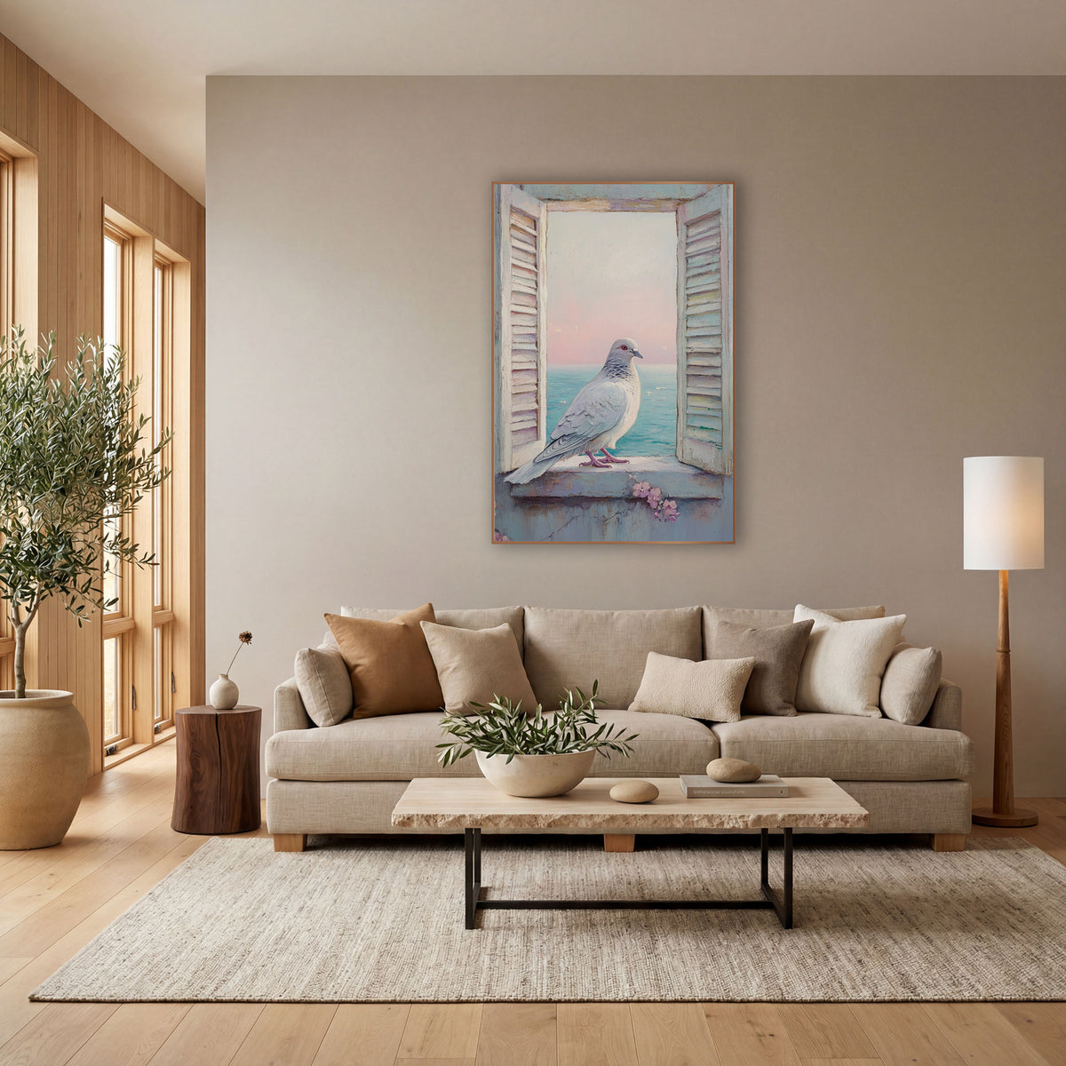 White Dove Seaside Window Coastal wall art in a bright coastal-style room – white dove on a stone window ledge between