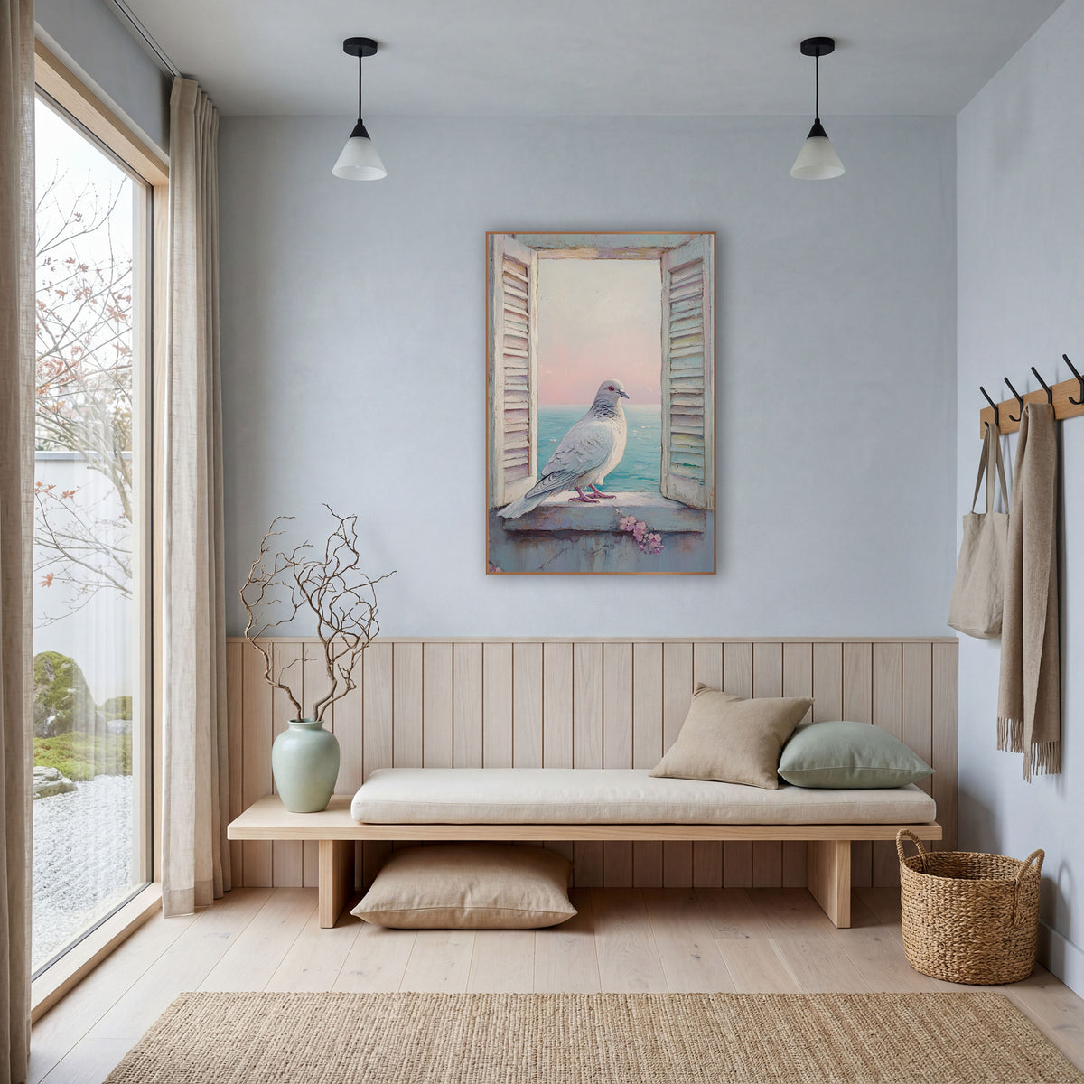 White Dove Seaside Window Coastal wall art in a bright coastal-style room – white dove on a stone window ledge between