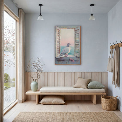 White Dove Seaside Window Coastal wall art in a bright coastal-style room – white dove on a stone window ledge between