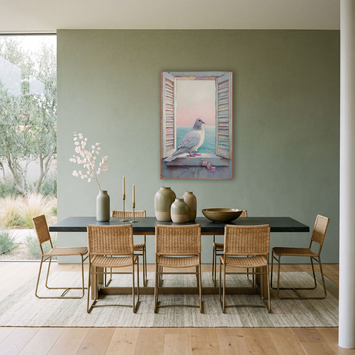 White Dove Seaside Window Coastal wall art in a bright coastal-style room – white dove on a stone window ledge between