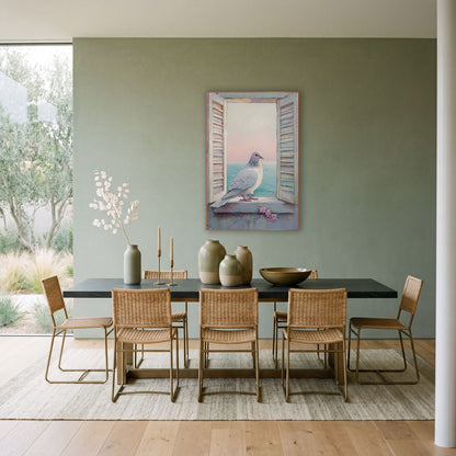 White Dove Seaside Window Coastal wall art in a bright coastal-style room – white dove on a stone window ledge between