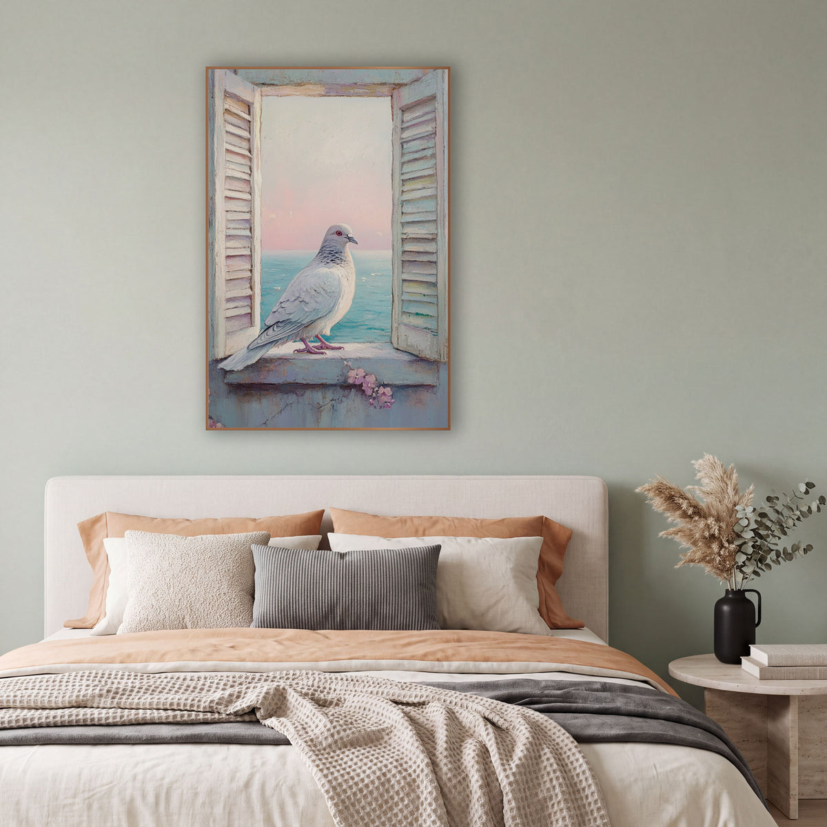 White Dove Seaside Window Coastal wall art in a bright coastal-style room – white dove on a stone window ledge between