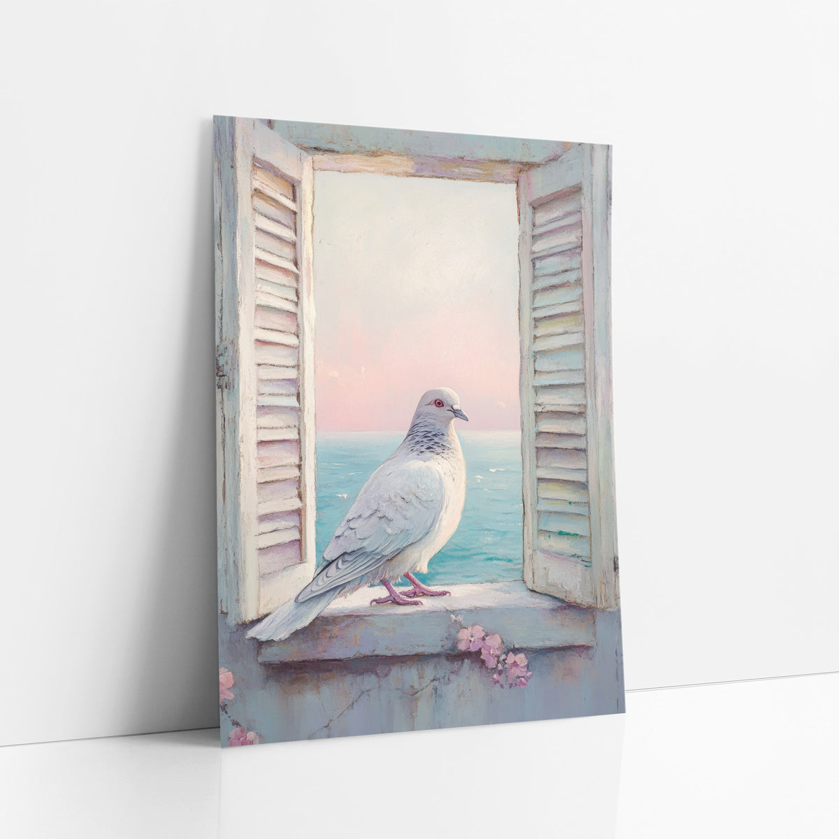 White Dove Seaside Window Coastal art print leaning against a white wall – white dove on a stone window ledge between open