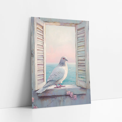 White Dove Seaside Window Coastal art print leaning against a white wall – white dove on a stone window ledge between open