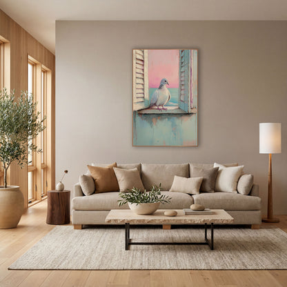 Pastel Dove Coastal Window wall art in a bright coastal-style room – pale gray dove perched on a worn windowsill