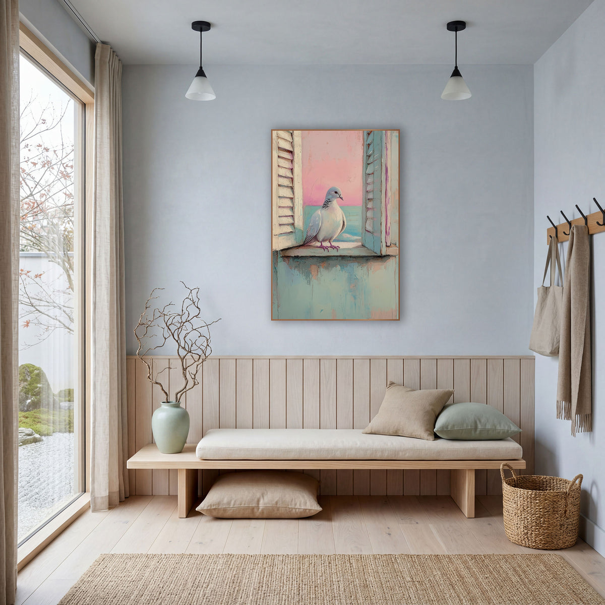 Pastel Dove Coastal Window wall art in a bright coastal-style room – pale gray dove perched on a worn windowsill