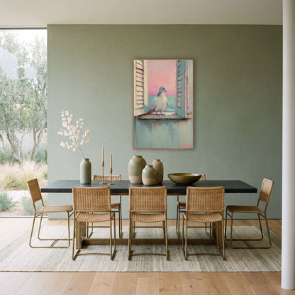 Pastel Dove Coastal Window wall art in a bright coastal-style room – pale gray dove perched on a worn windowsill