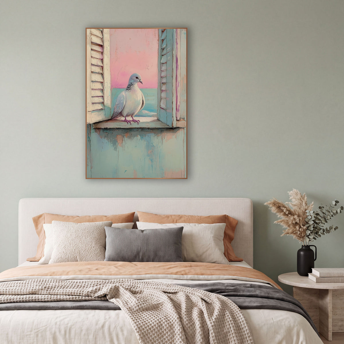 Pastel Dove Coastal Window wall art in a bright coastal-style room – pale gray dove perched on a worn windowsill
