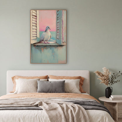 Pastel Dove Coastal Window wall art in a bright coastal-style room – pale gray dove perched on a worn windowsill