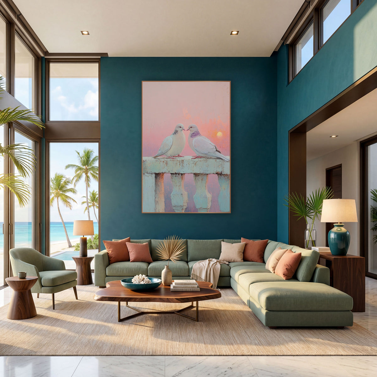 Pastel Pink Dove Pair Coastal wall art in a bright coastal-style room – two pale doves facing each other