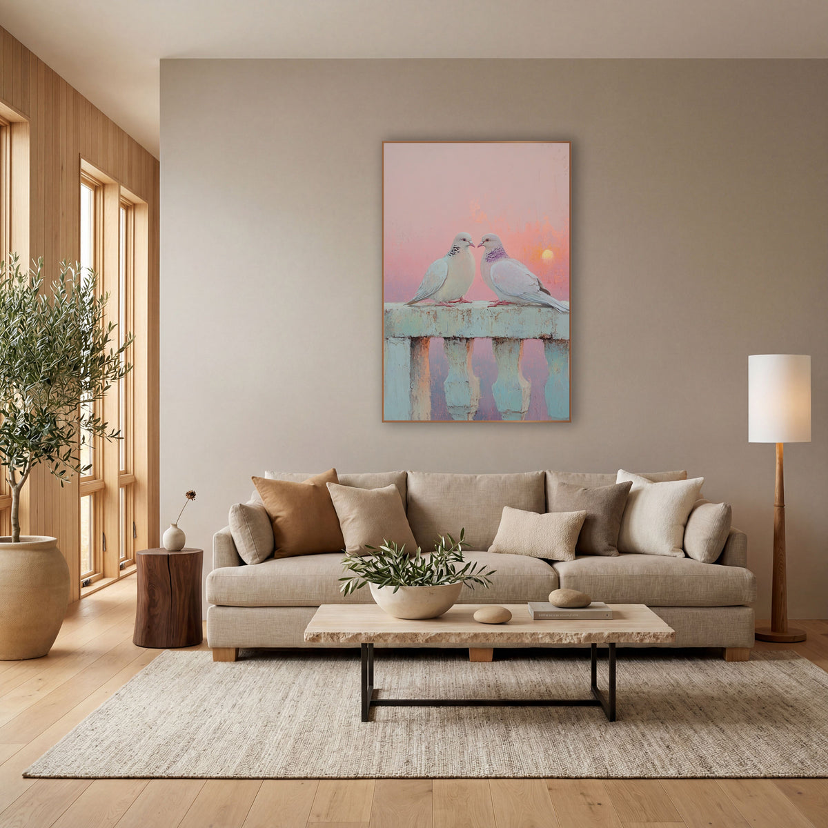 Pastel Pink Dove Pair Coastal wall art in a bright coastal-style room – two pale doves facing each other