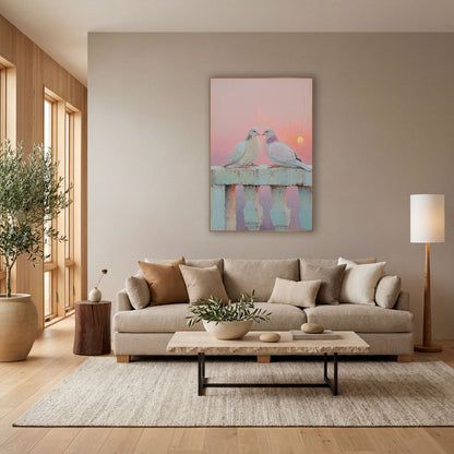Pastel Pink Dove Pair Coastal wall art in a bright coastal-style room – two pale doves facing each other