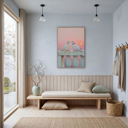 Pastel Pink Dove Pair Coastal wall art in a bright coastal-style room – two pale doves facing each other