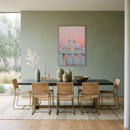 Pastel Pink Dove Pair Coastal wall art in a bright coastal-style room – two pale doves facing each other