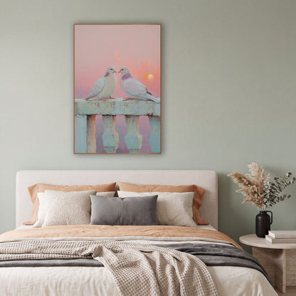 Pastel Pink Dove Pair Coastal wall art in a bright coastal-style room – two pale doves facing each other