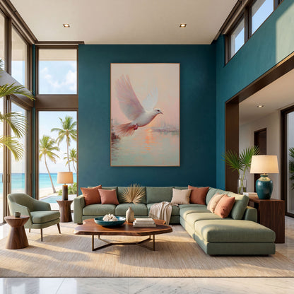 Dove Rising Over Sunrise Harbor Coastal wall art in a bright coastal-style room – white dove in flight with raised
