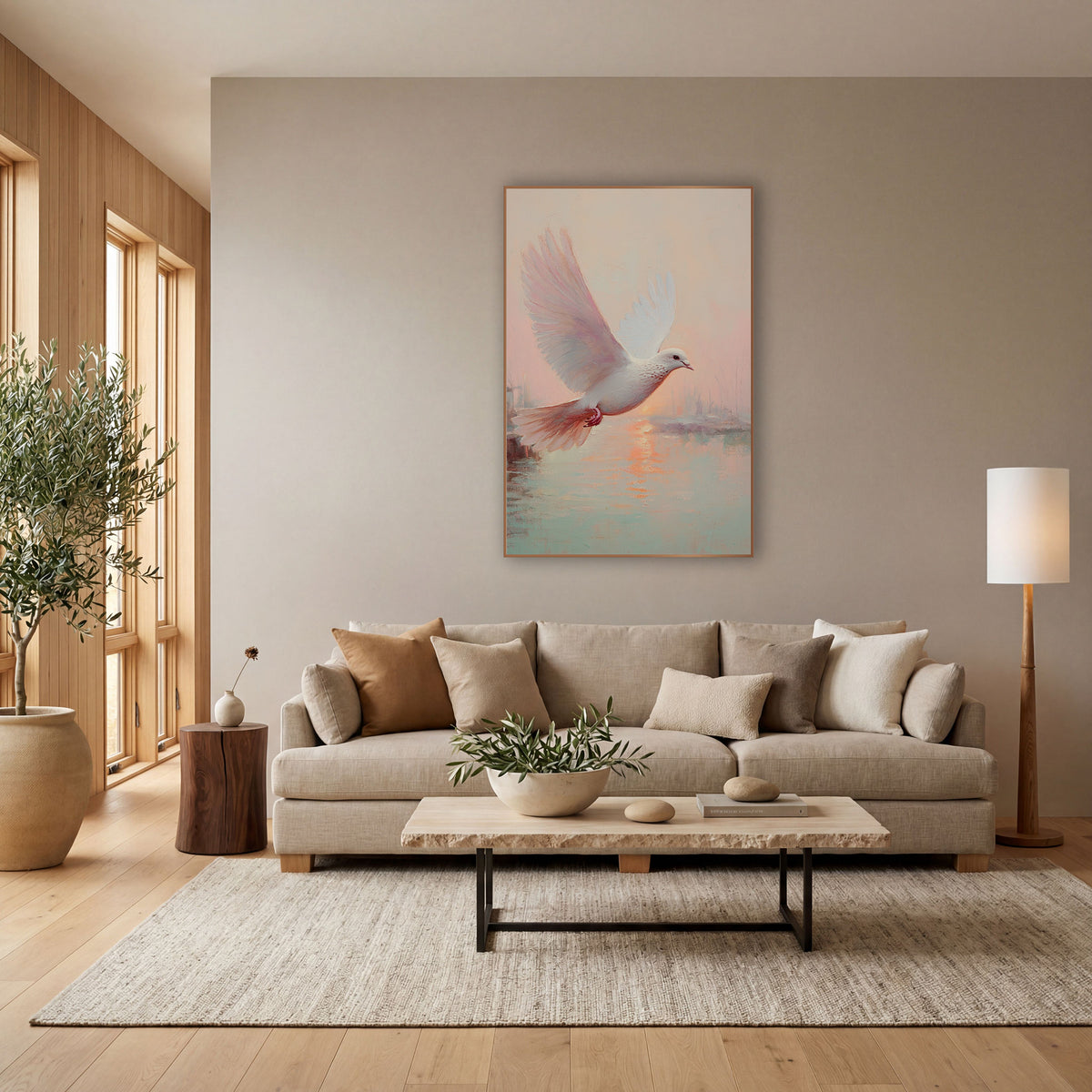 Dove Rising Over Sunrise Harbor Coastal wall art in a bright coastal-style room – white dove in flight with raised