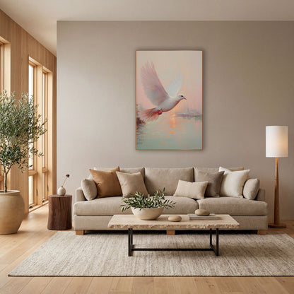 Dove Rising Over Sunrise Harbor Coastal wall art in a bright coastal-style room – white dove in flight with raised