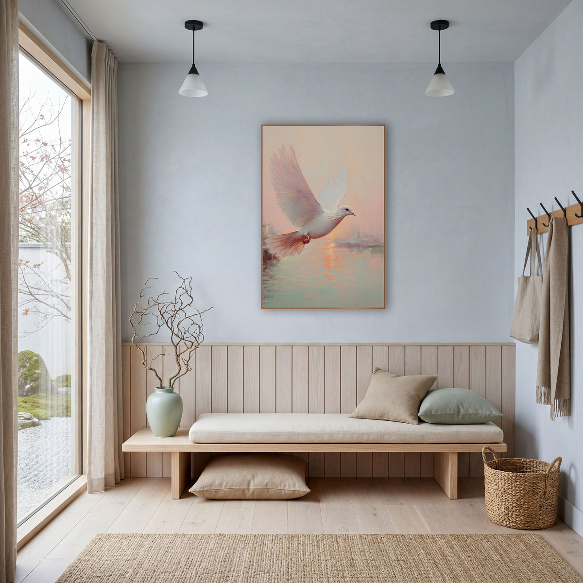Dove Rising Over Sunrise Harbor Coastal wall art in a bright coastal-style room – white dove in flight with raised