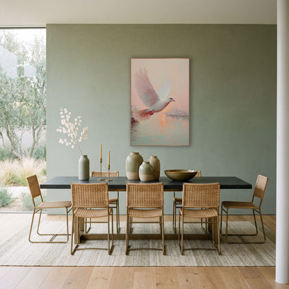 Dove Rising Over Sunrise Harbor Coastal wall art in a bright coastal-style room – white dove in flight with raised