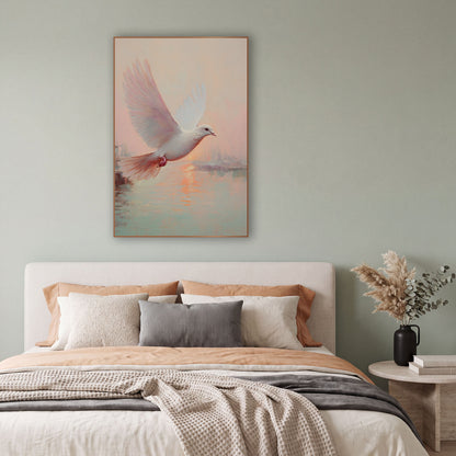 Dove Rising Over Sunrise Harbor Coastal wall art in a bright coastal-style room – white dove in flight with raised