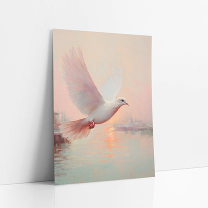Dove Rising Over Sunrise Harbor Coastal art print leaning against a white wall – white dove in flight with raised wings