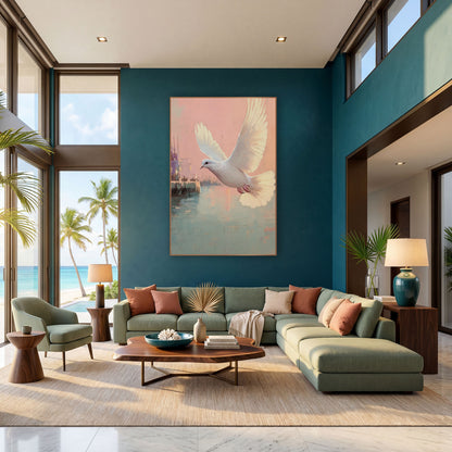 Dove Gliding Past Dockside Pastel Coastal wall art in a bright coastal-style room – white dove flying over a calm