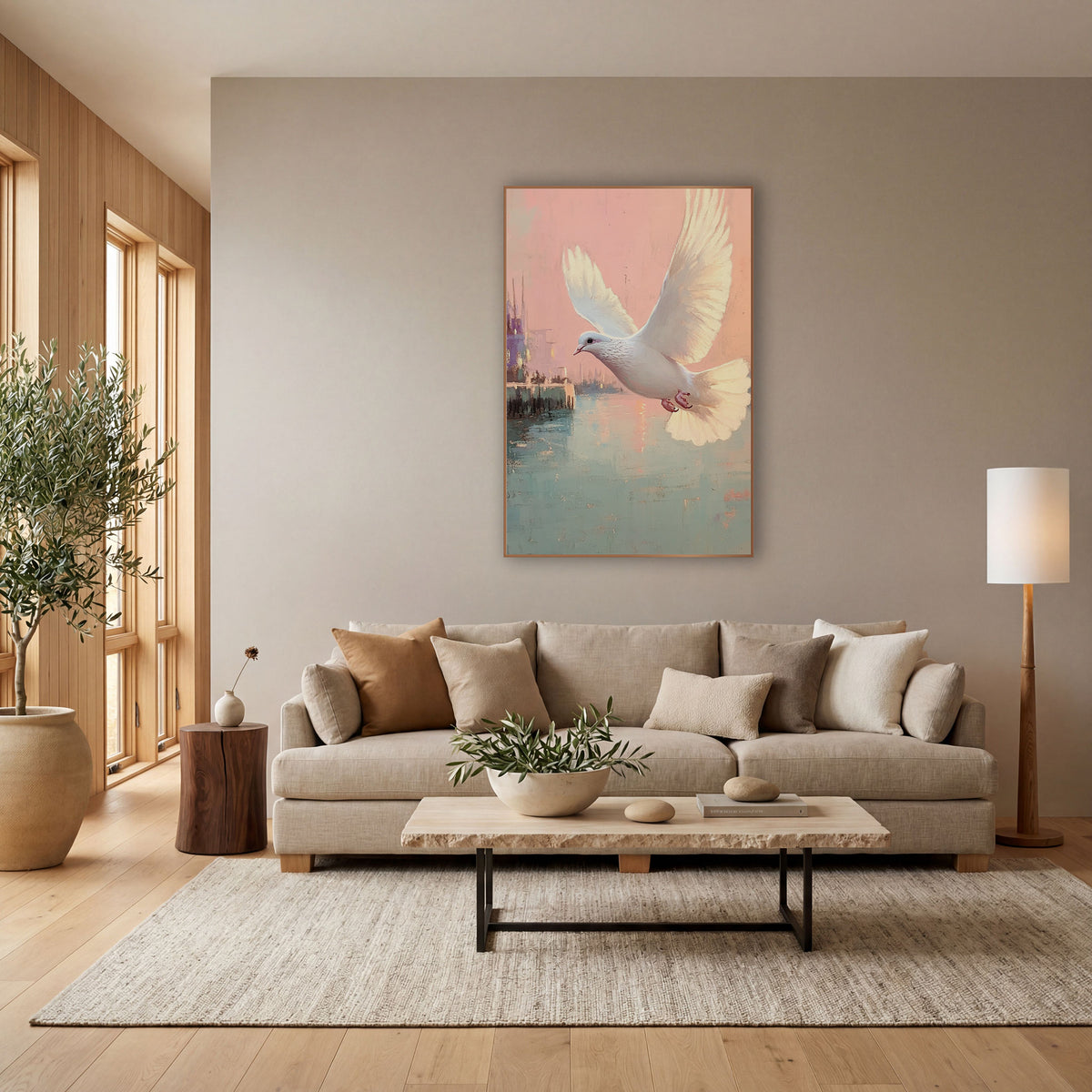 Dove Gliding Past Dockside Pastel Coastal wall art in a bright coastal-style room – white dove flying over a calm