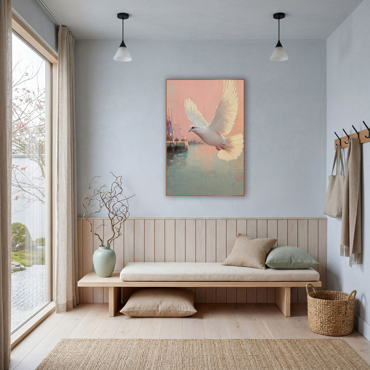 Dove Gliding Past Dockside Pastel Coastal wall art in a bright coastal-style room – white dove flying over a calm
