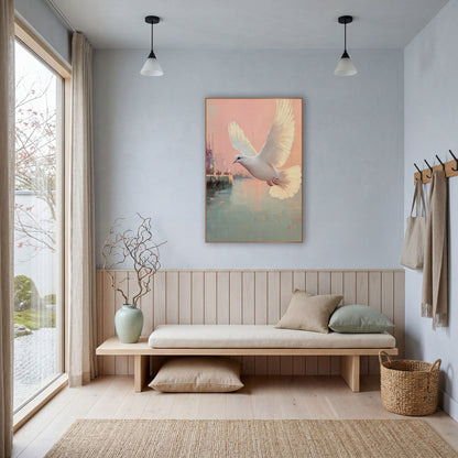 Dove Gliding Past Dockside Pastel Coastal wall art in a bright coastal-style room – white dove flying over a calm