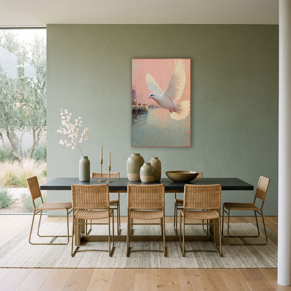 Dove Gliding Past Dockside Pastel Coastal wall art in a bright coastal-style room – white dove flying over a calm