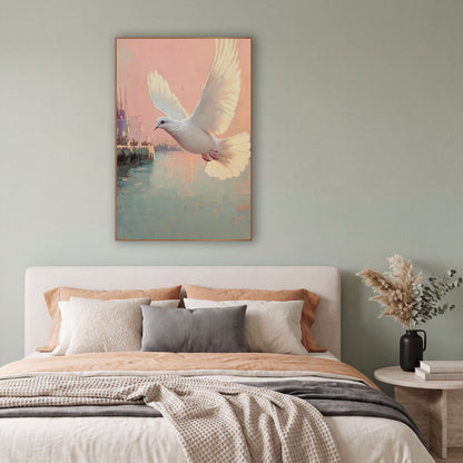 Dove Gliding Past Dockside Pastel Coastal wall art in a bright coastal-style room – white dove flying over a calm