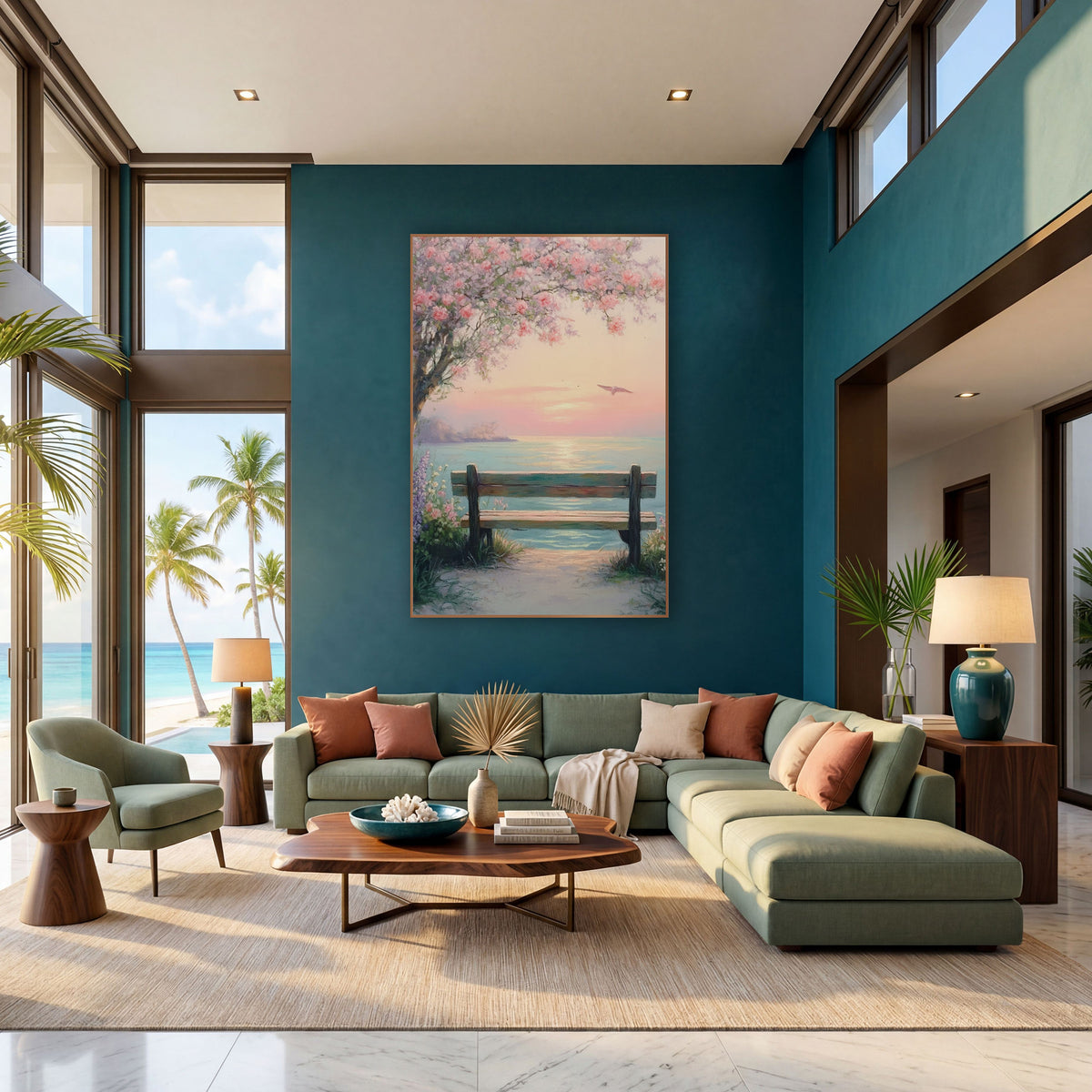 Blossom Bench Seaside Pastel Coastal wall art in a bright coastal-style room – pastel seascape of a wooden bench