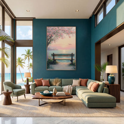 Blossom Bench Seaside Pastel Coastal wall art in a bright coastal-style room – pastel seascape of a wooden bench
