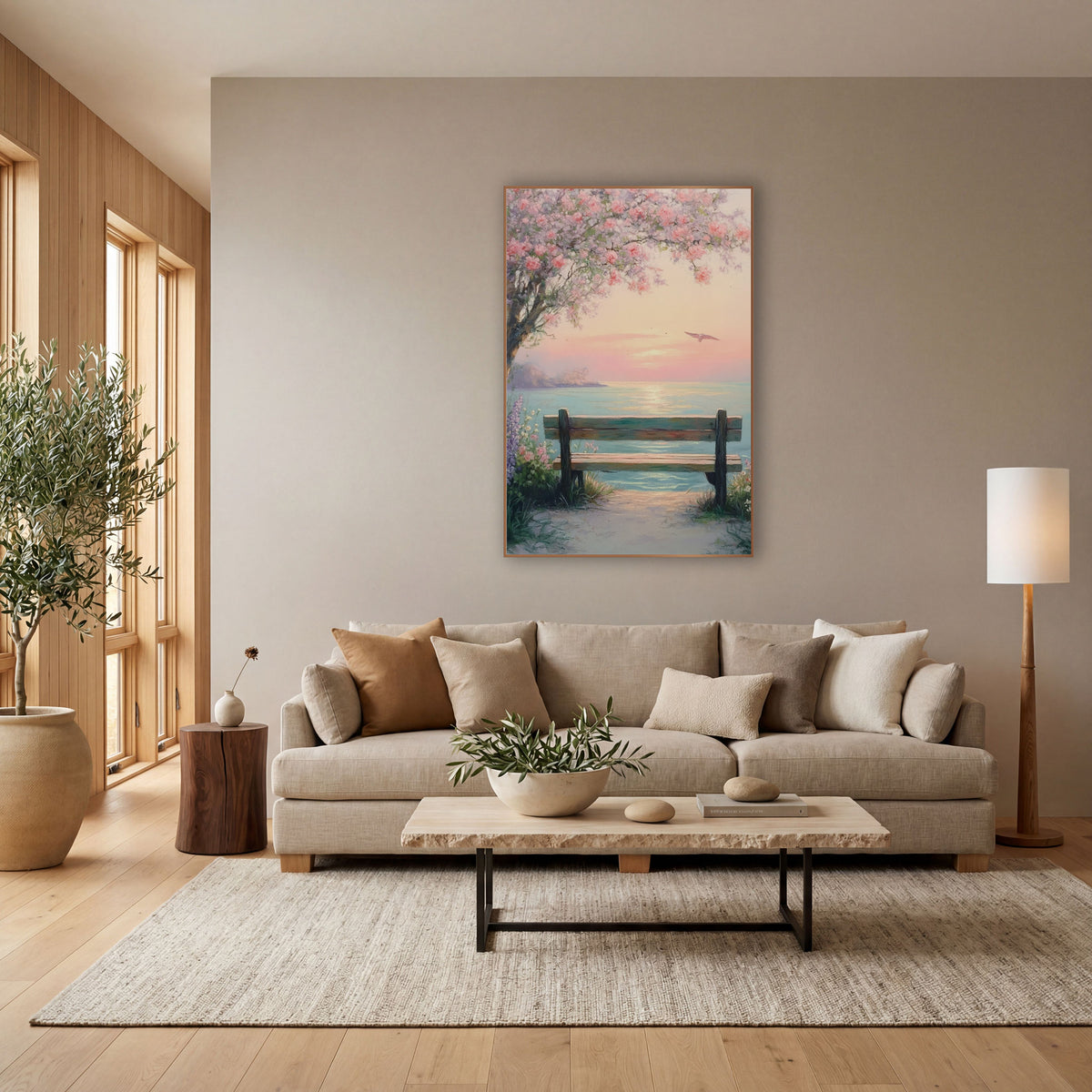 Blossom Bench Seaside Pastel Coastal wall art in a bright coastal-style room – pastel seascape of a wooden bench