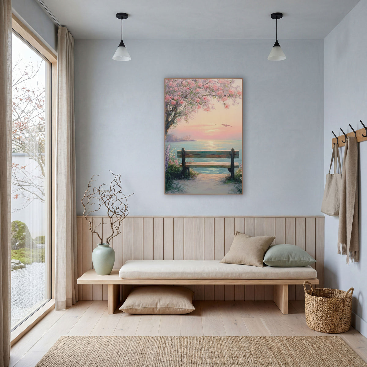 Blossom Bench Seaside Pastel Coastal wall art in a bright coastal-style room – pastel seascape of a wooden bench