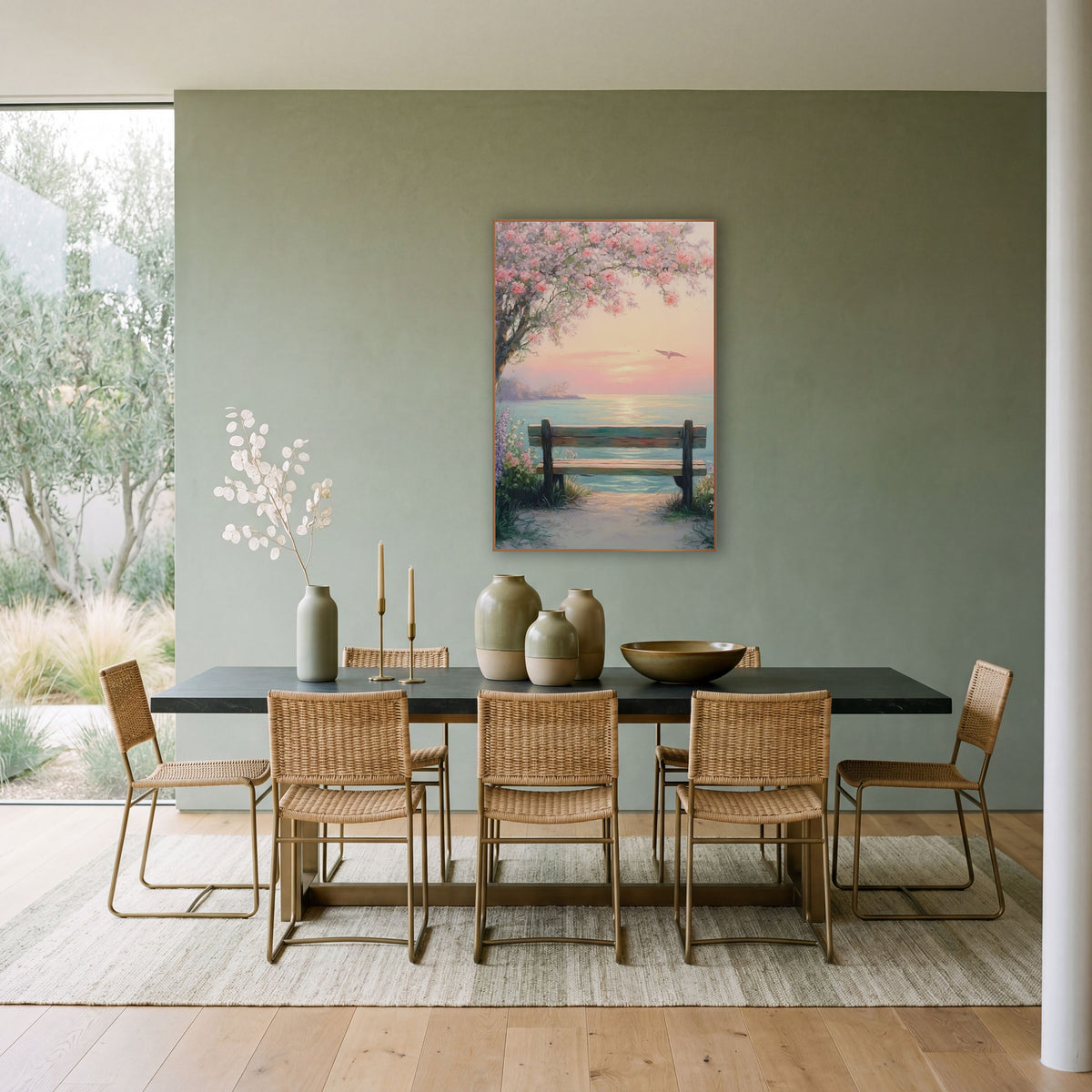 Blossom Bench Seaside Pastel Coastal wall art in a bright coastal-style room – pastel seascape of a wooden bench
